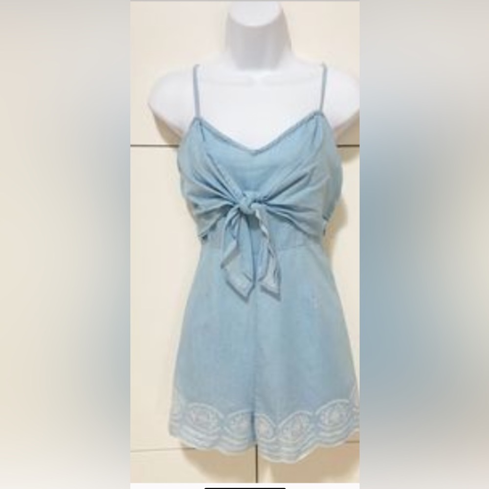 Flying Tomato Chambray Romper w/Tie Front, White Lace, & Spaghetti Straps.